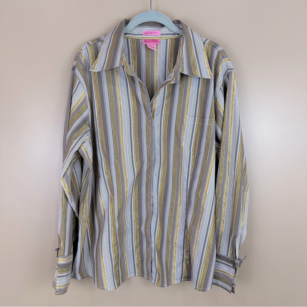 She’s Cool Gray & Gold Metallic Striped Stretch Button Front Shirt 3X